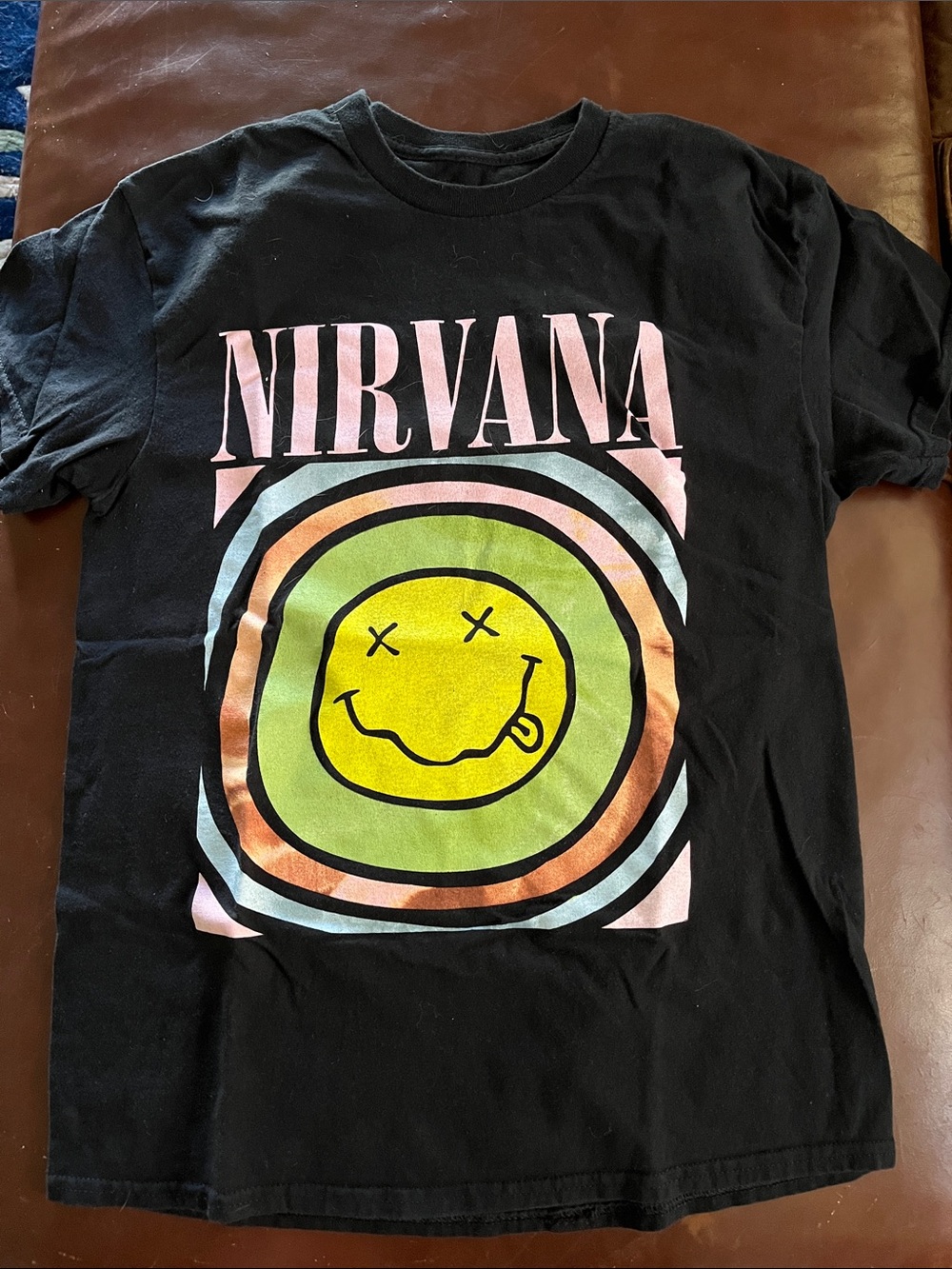 NIRVANA Black Tee with Pastel Neon Smiley Rings